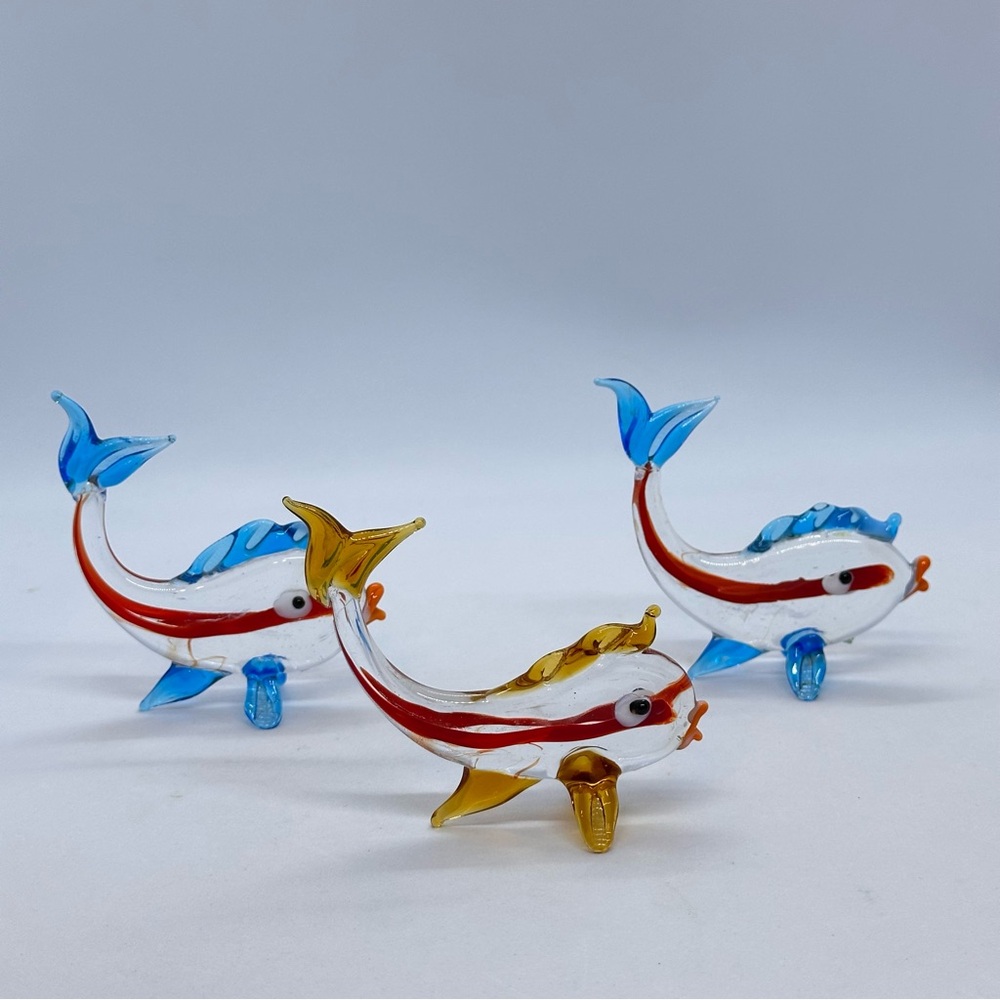 Lot/3 Vintage Hand Blown Art Glass Fish Figurines Blue Gold 4"L x 3"T x 1.5"W